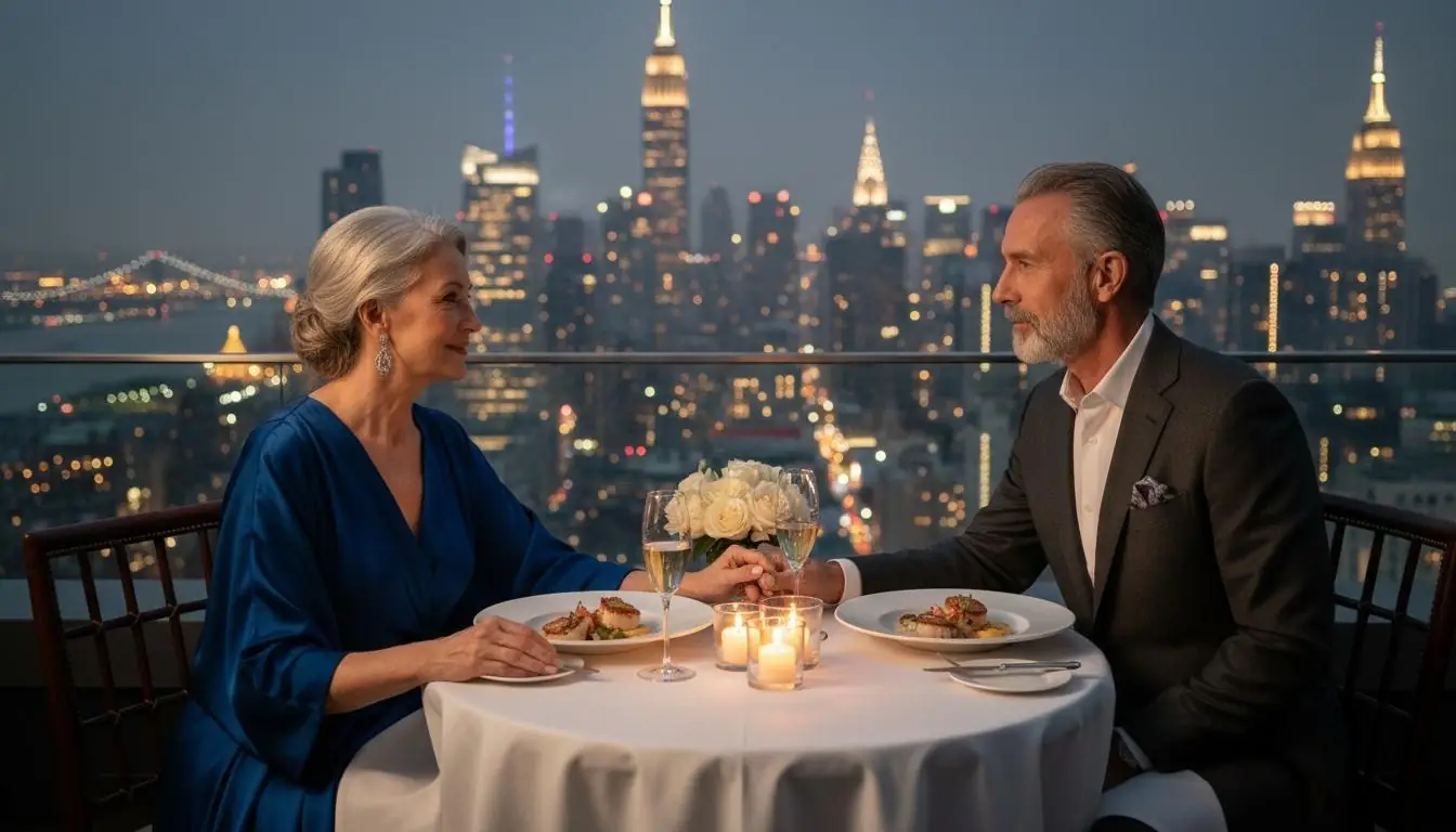 Elegant couple at a rooftop dinner with Manhattan skyline