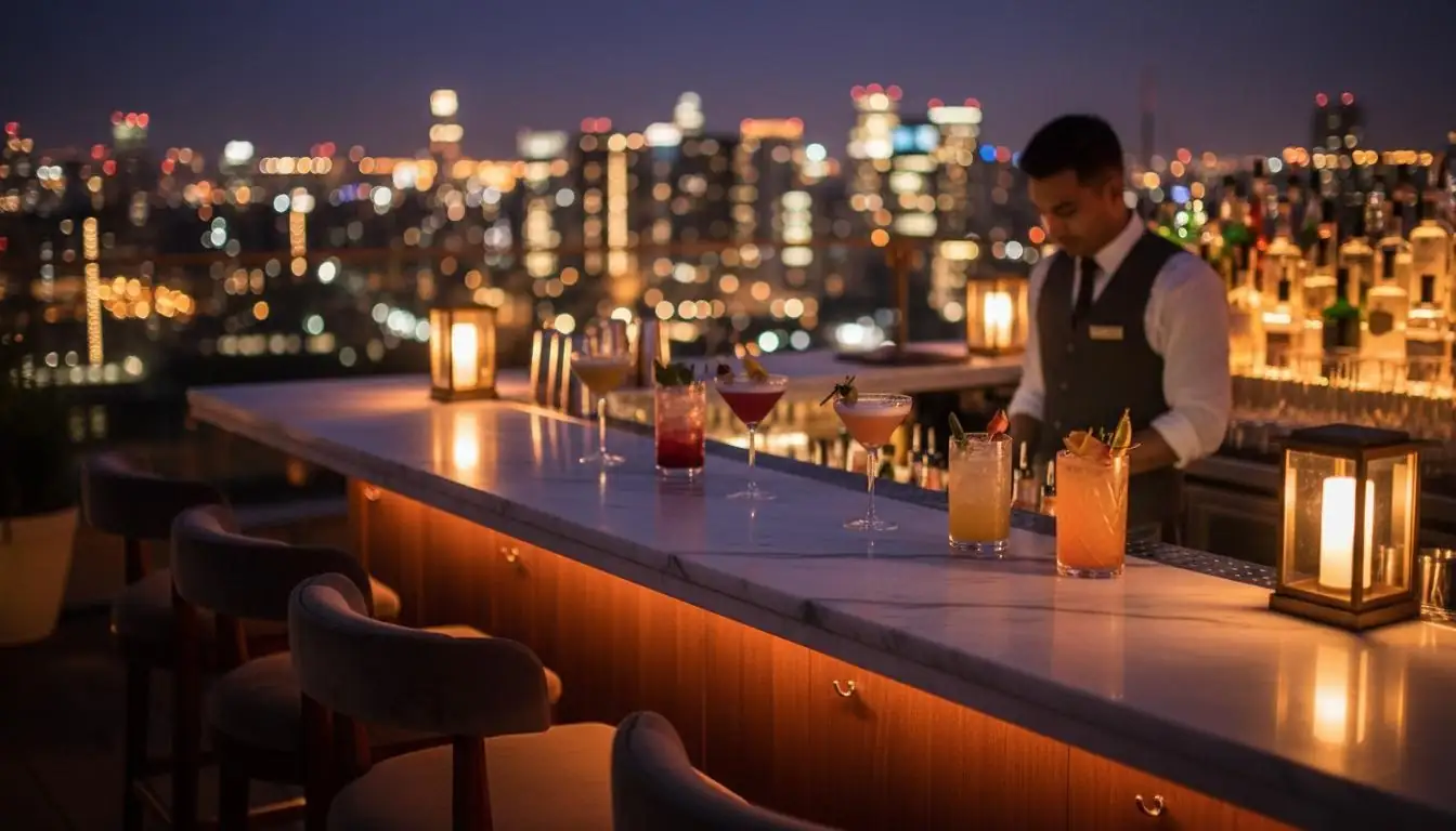 Rooftop bar with NYC skyline views