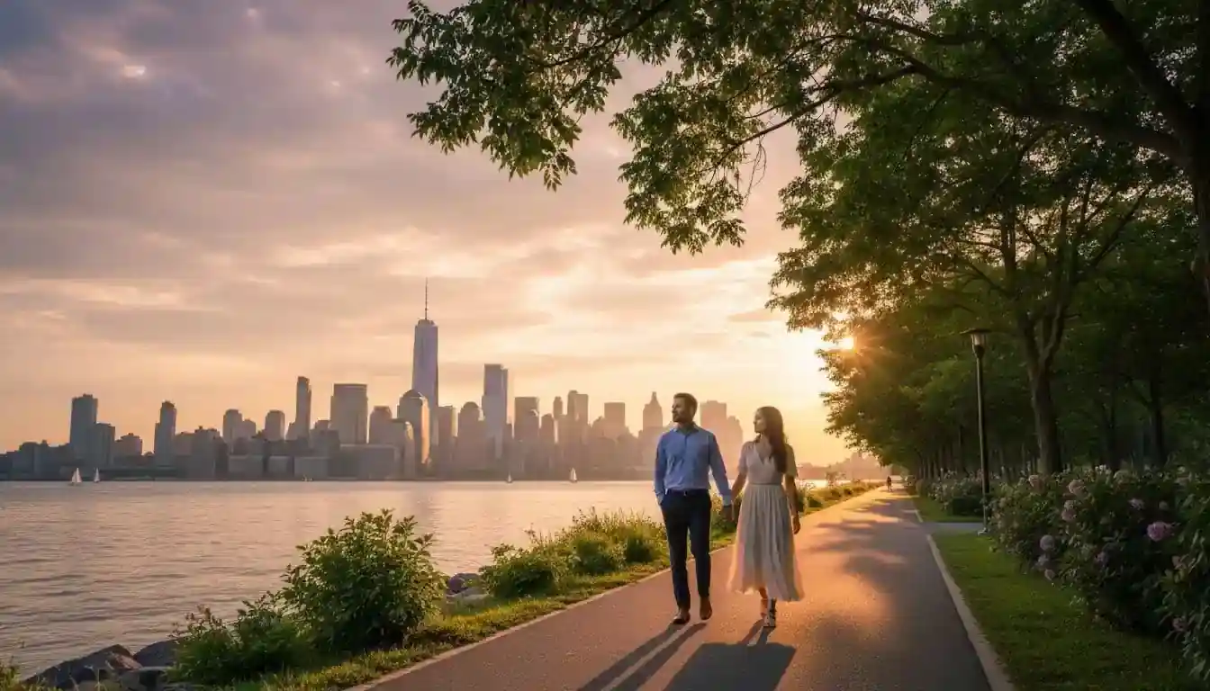 Waterfront walk with skyline views