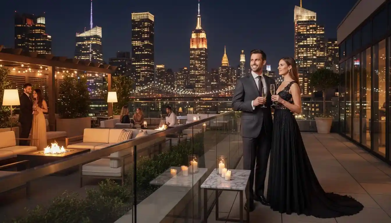 Sophisticated couple enjoying champagne on a New York City rooftop with Manhattan skyline at night