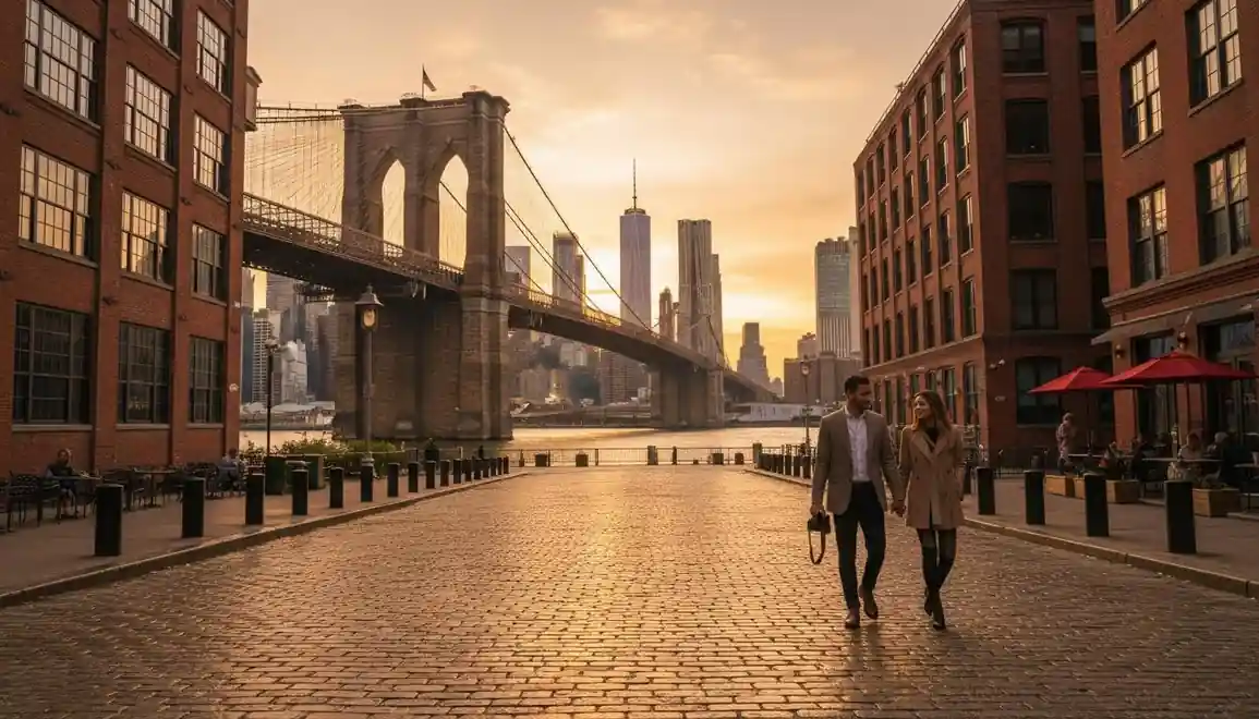 Couple walking in DUMBO Brooklyn with Manhattan skyline