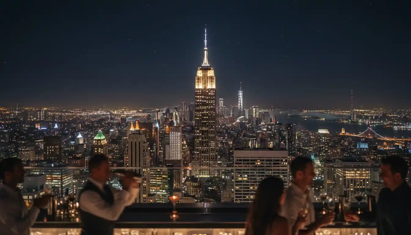 Manhattan skyline at night viewed from a rooftop bar